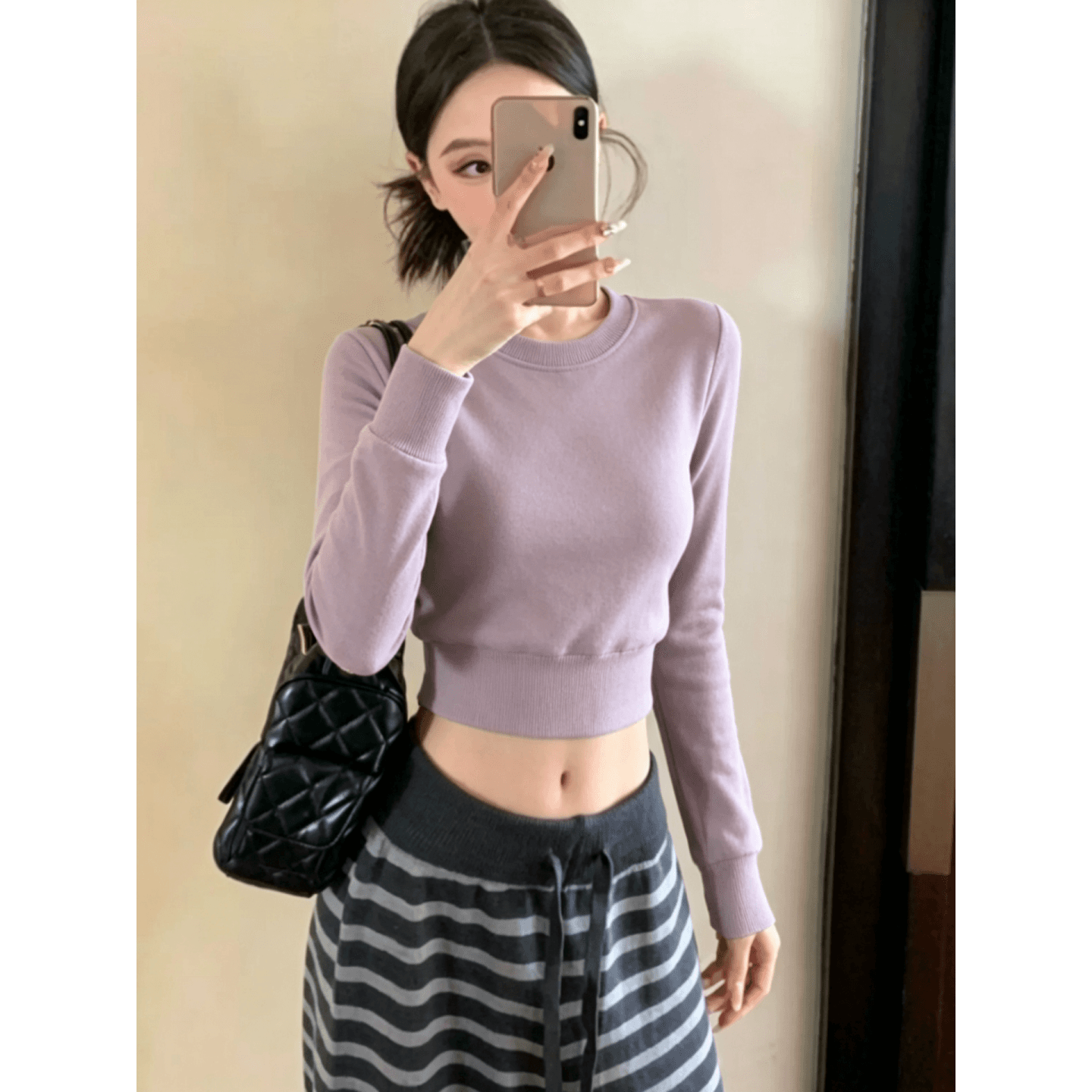 250그램 1 12026 한국 스타일 가을 핫걸 분말 보라색 작은 키 디스플레이 높음 캐주얼 다용도 기본 셔츠 여성 티셔츠