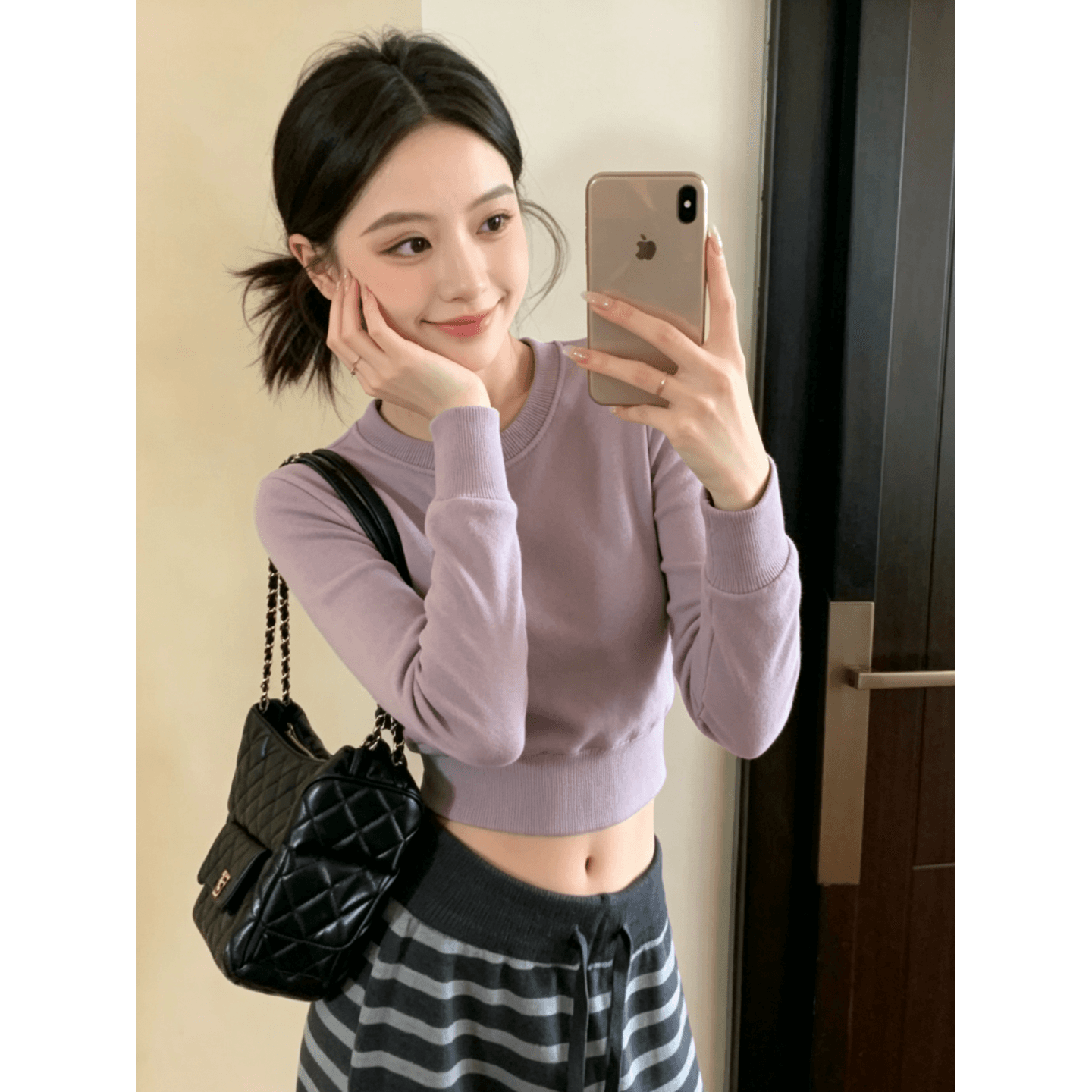 250그램 1 12026 한국 스타일 가을 핫걸 분말 보라색 작은 키 디스플레이 높음 캐주얼 다용도 기본 셔츠 여성 티셔츠 상세 이미지 6