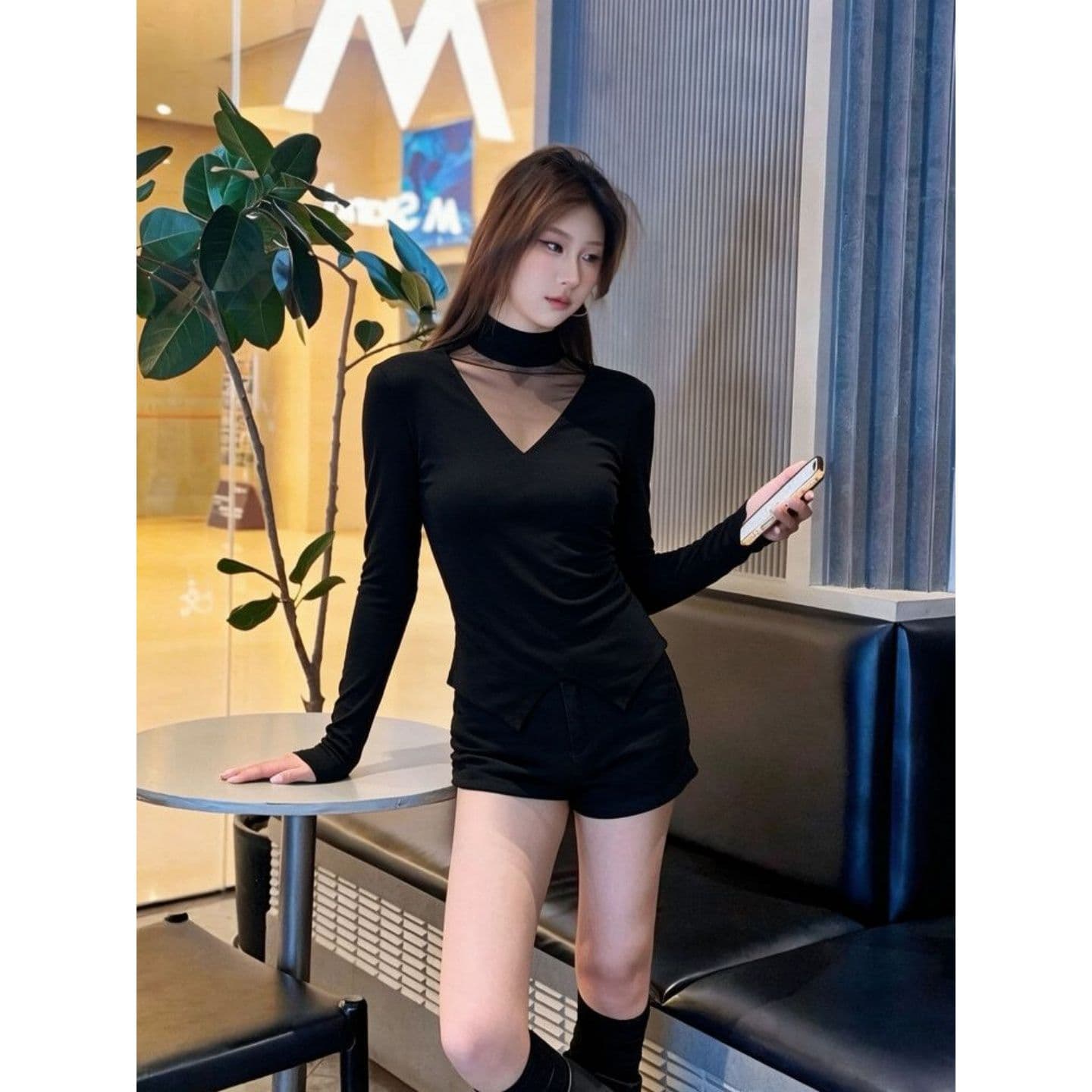 리브 De 플러시 270 그램 2026 가을 한국 스타일 핫걸 레트로 반하이넥 프릴 나비 매듭 긴팔 티셔츠 여성 상세 이미지 6