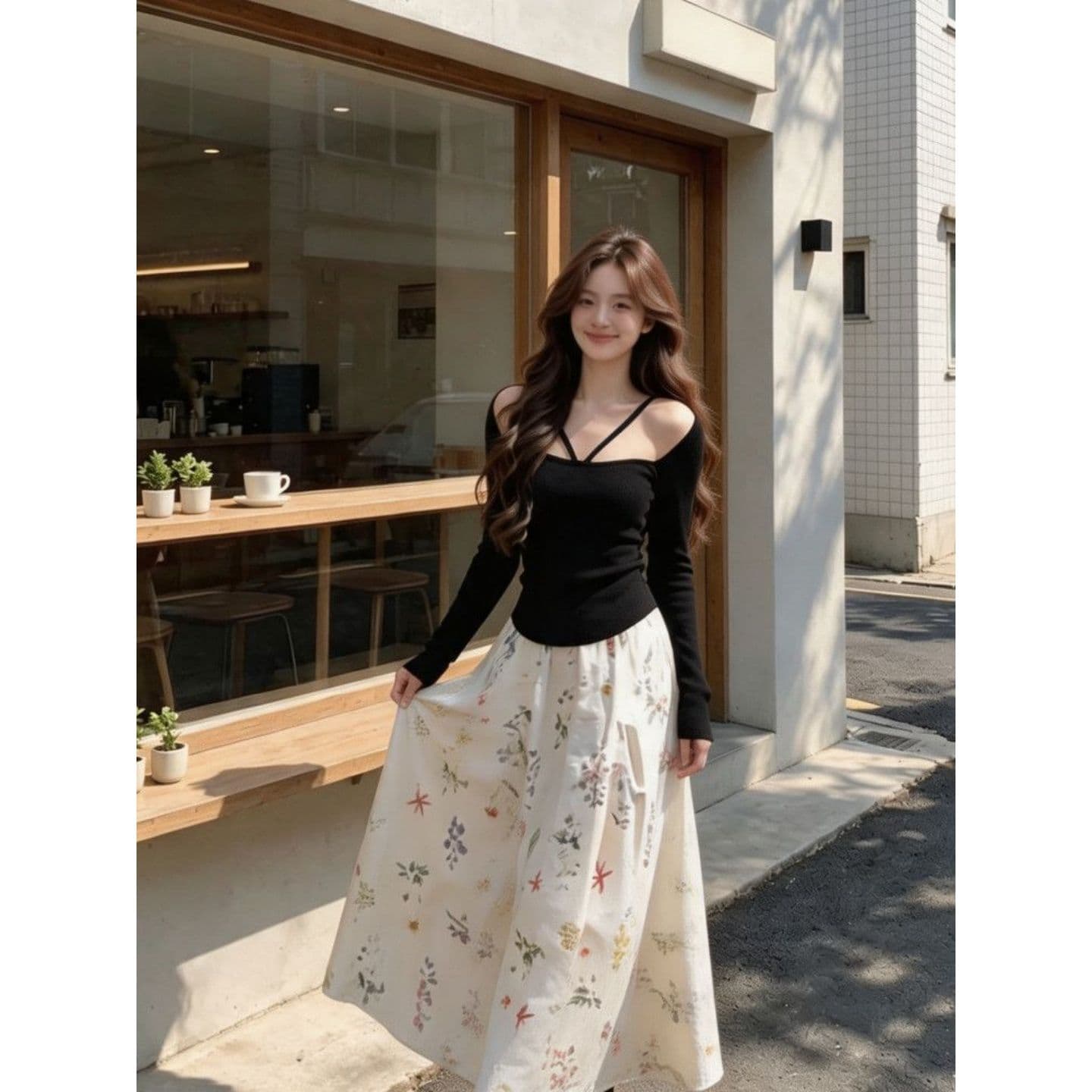 경관 그림 와 사고 방식 모달 260 그램 가을 한국 스타일 순수한 욕망 맨위 검정색 행침 목 오프숄더 긴팔 티셔츠 여성 상세 이미지 2