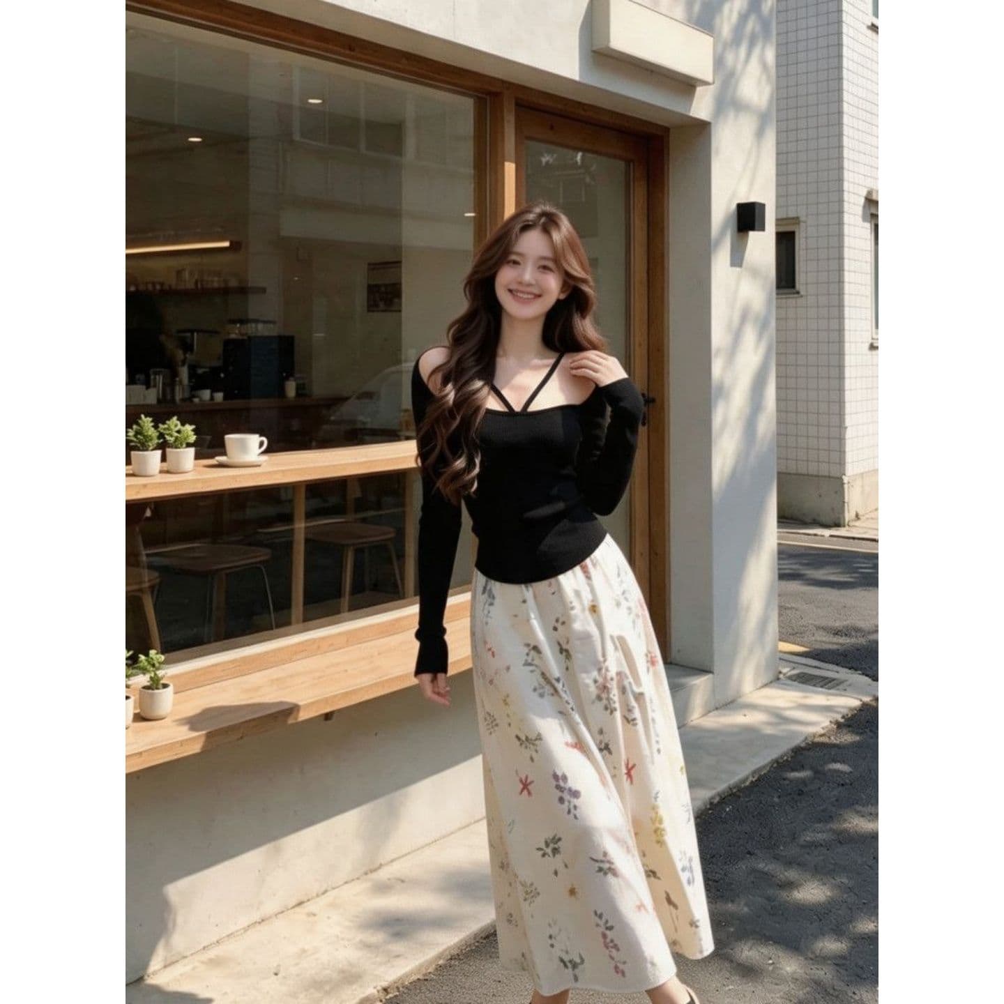 경관 그림 와 사고 방식 모달 260 그램 가을 한국 스타일 순수한 욕망 맨위 검정색 행침 목 오프숄더 긴팔 티셔츠 여성 상세 이미지 4