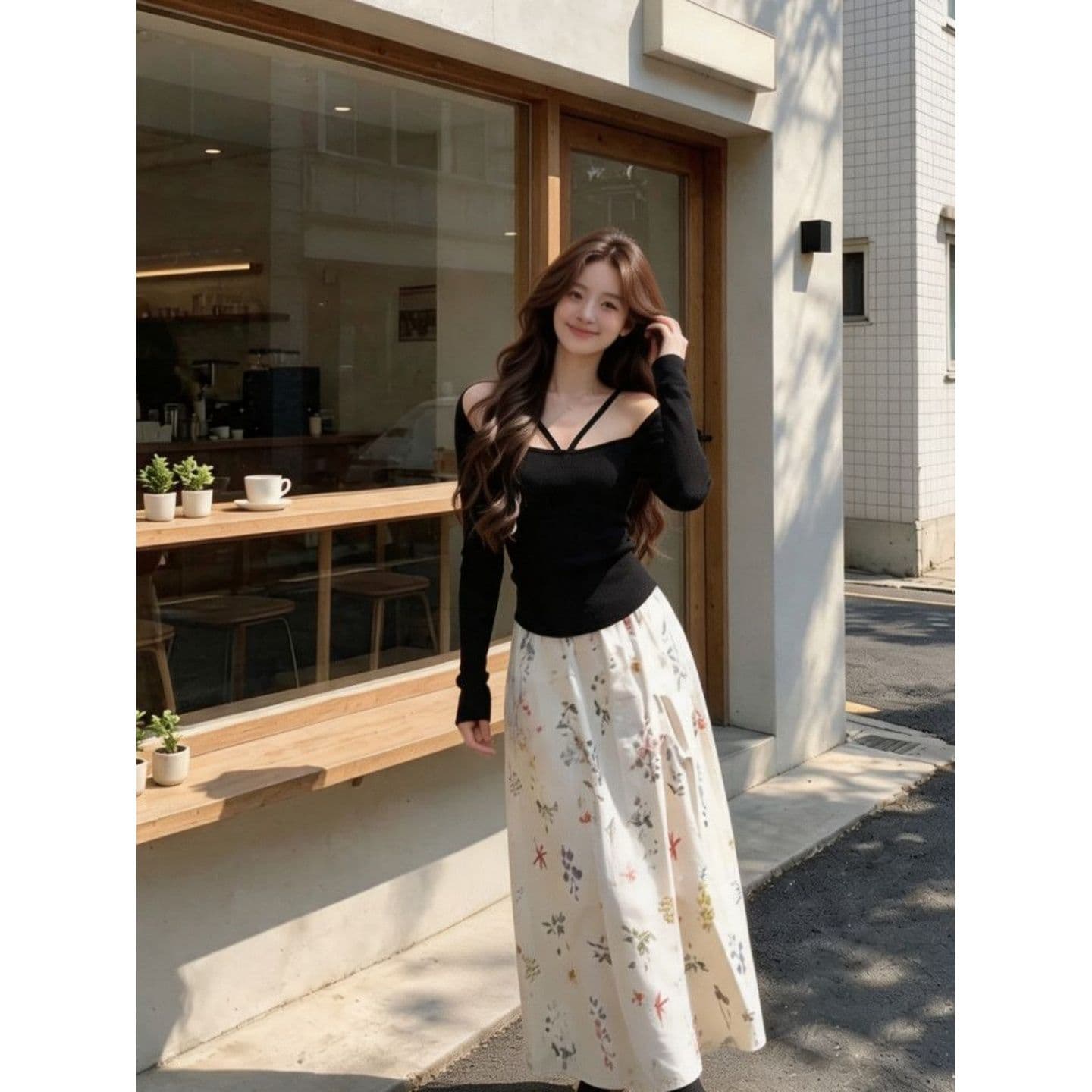 경관 그림 와 사고 방식 모달 260 그램 가을 한국 스타일 순수한 욕망 맨위 검정색 행침 목 오프숄더 긴팔 티셔츠 여성 상세 이미지 5