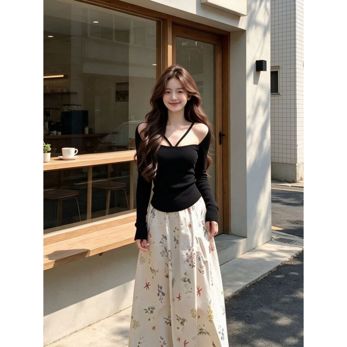경관 그림 와 사고 방식 모달 260 그램 가을 한국 스타일 순수한 욕망 맨위 검정색 행침 목 오프숄더 긴팔 티셔츠 여성 상세 이미지 6