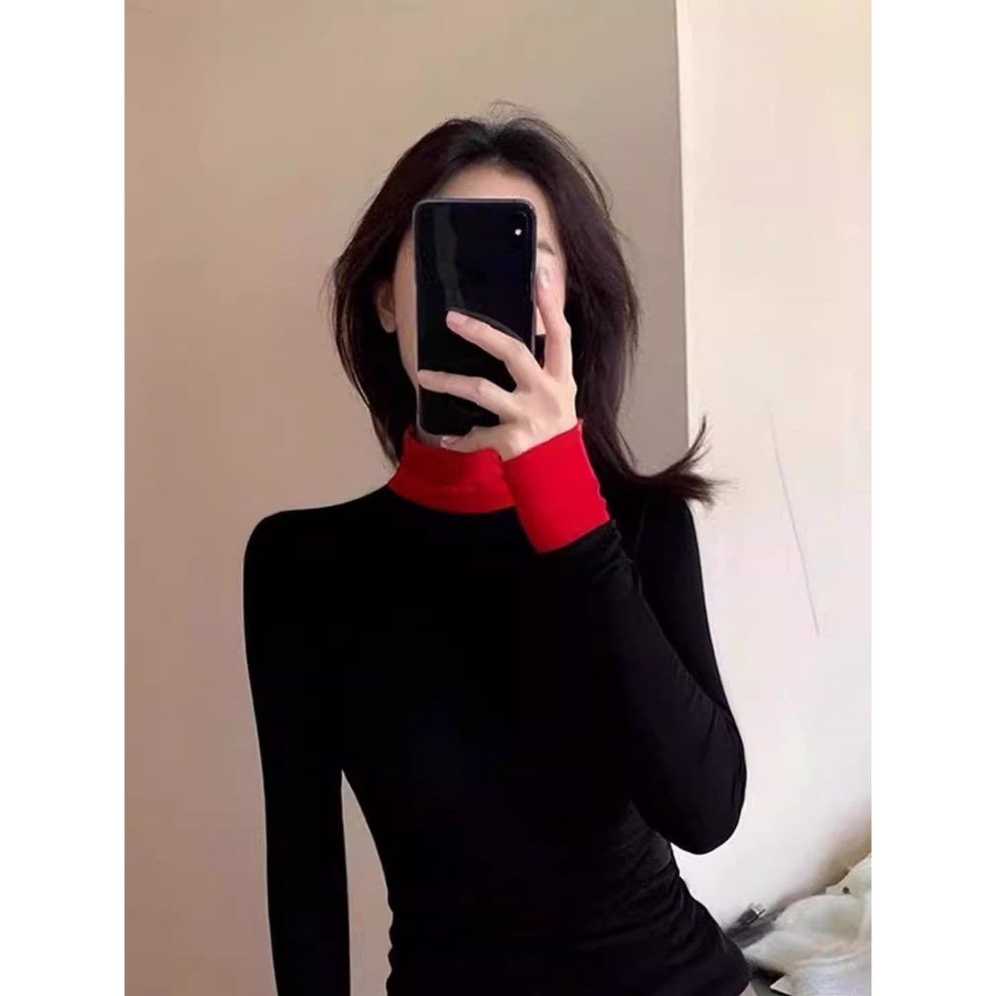 경관 그림 와 사고 방식 모달 260 그램 2026 가을 한국 스타일 반하이넥 핫걸 페이크 레이어드 긴팔 티셔츠 여성 상세 이미지 4
