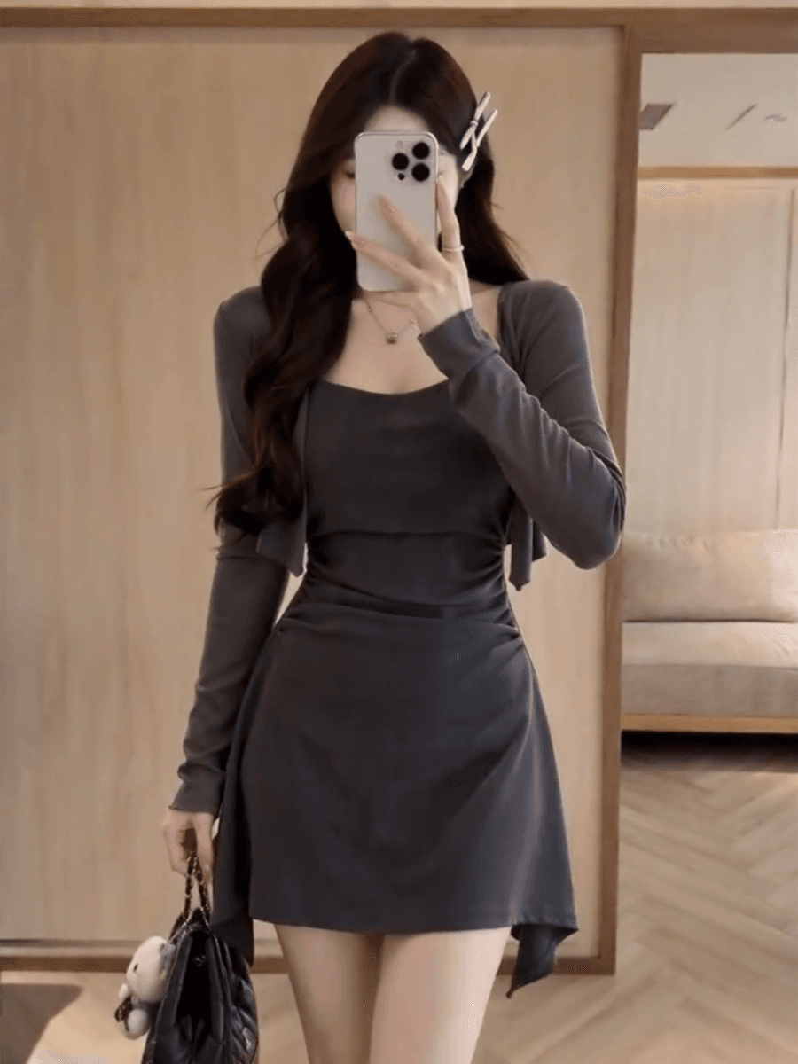 무료 자르다 프랑스식 디자인 센스 허리 수축 슬립 드레스 여성 가을 새로운 자외선 차단 오픈 가디건 아름다운 잘 생긴 ~ 중 세트 상세 이미지 2