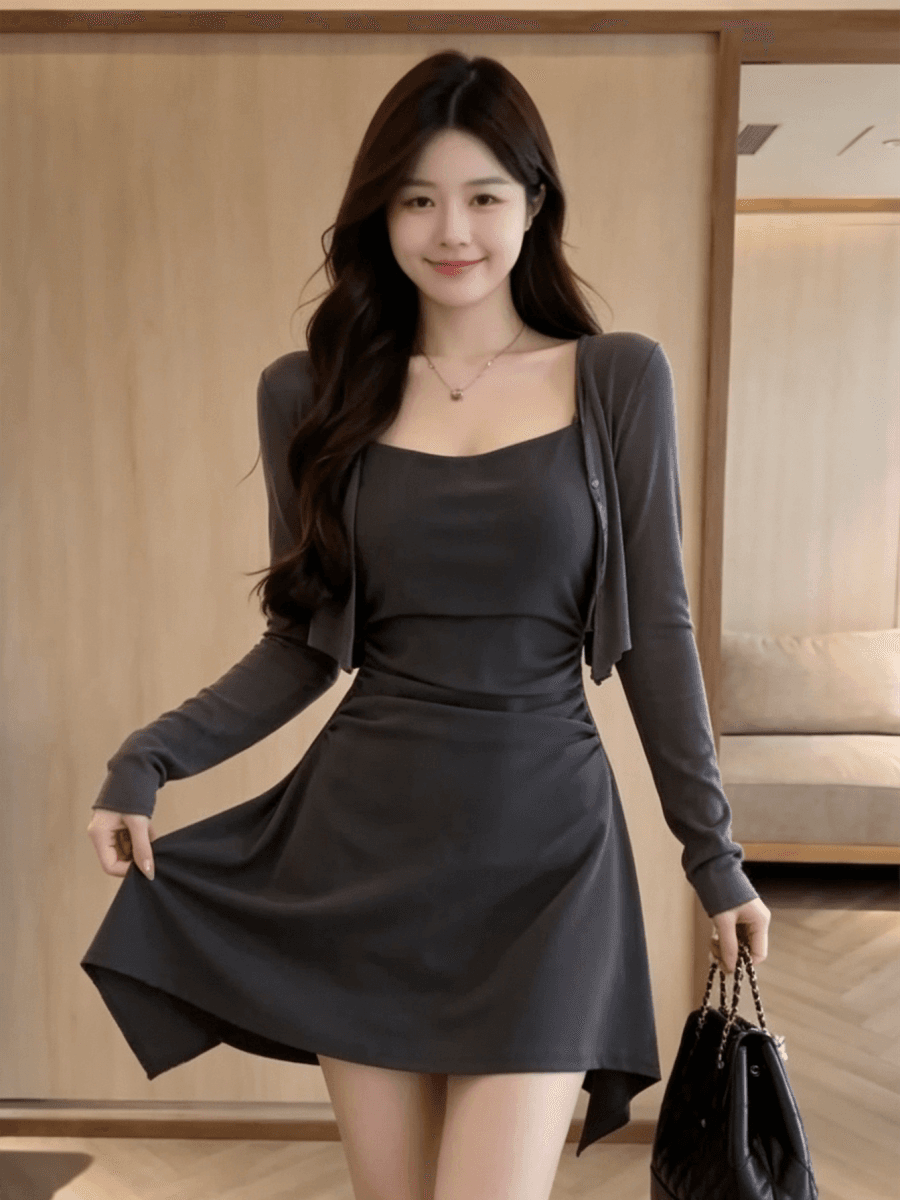 무료 자르다 프랑스식 디자인 센스 허리 수축 슬립 드레스 여성 가을 새로운 자외선 차단 오픈 가디건 아름다운 잘 생긴 ~ 중 세트 상세 이미지 6