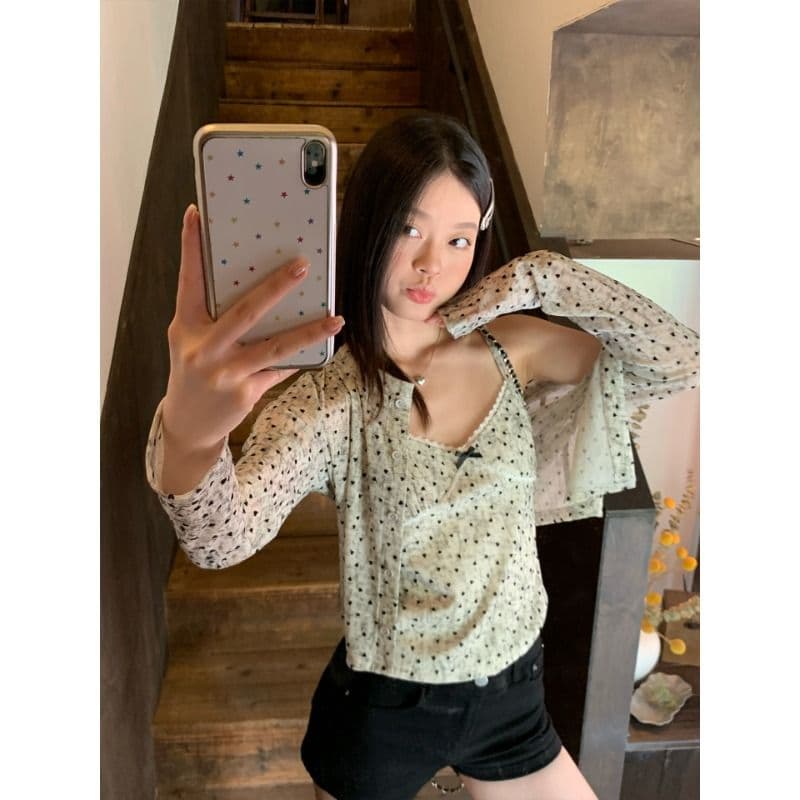 원본 원단 하트 도트 무늬 긴팔 순수한 욕망 홀치기 염색 프린트 식물 플러시 레이스 슬립 반팔 자외선 차단 오픈 가디건