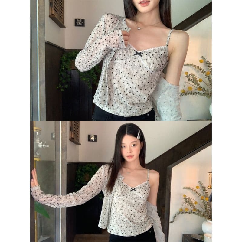 원본 원단 하트 도트 무늬 긴팔 순수한 욕망 홀치기 염색 프린트 식물 플러시 레이스 슬립 반팔 자외선 차단 오픈 가디건 이미지 2