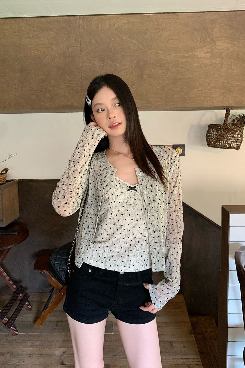 원본 원단 하트 도트 무늬 긴팔 순수한 욕망 홀치기 염색 프린트 식물 플러시 레이스 슬립 반팔 자외선 차단 오픈 가디건 이미지 6