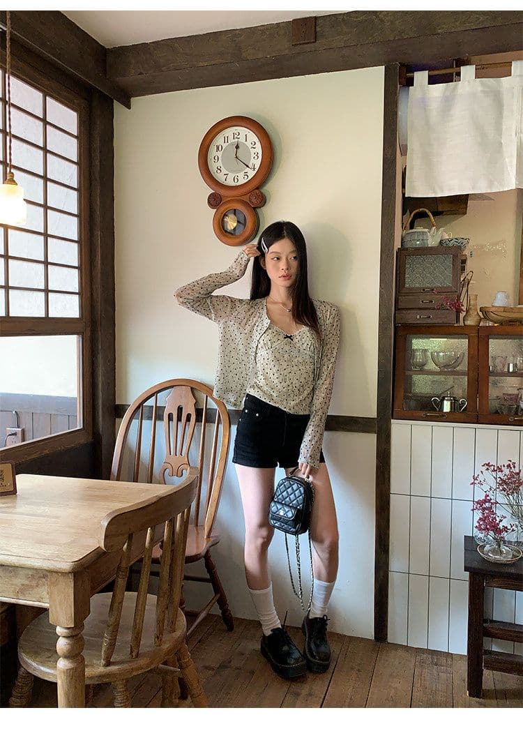 원본 원단 하트 도트 무늬 긴팔 순수한 욕망 홀치기 염색 프린트 식물 플러시 레이스 슬립 반팔 자외선 차단 오픈 가디건 상세 이미지 2