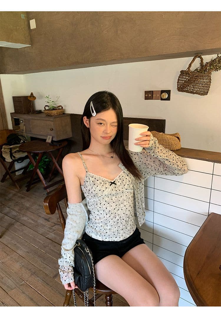 원본 원단 하트 도트 무늬 긴팔 순수한 욕망 홀치기 염색 프린트 식물 플러시 레이스 슬립 반팔 자외선 차단 오픈 가디건 상세 이미지 3