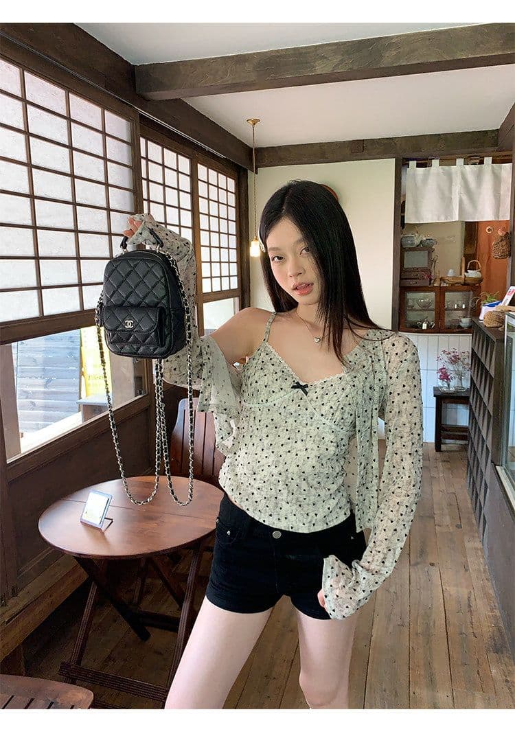 원본 원단 하트 도트 무늬 긴팔 순수한 욕망 홀치기 염색 프린트 식물 플러시 레이스 슬립 반팔 자외선 차단 오픈 가디건 상세 이미지 4
