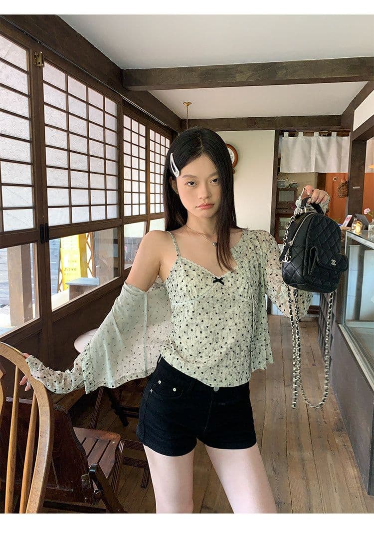 원본 원단 하트 도트 무늬 긴팔 순수한 욕망 홀치기 염색 프린트 식물 플러시 레이스 슬립 반팔 자외선 차단 오픈 가디건 상세 이미지 9