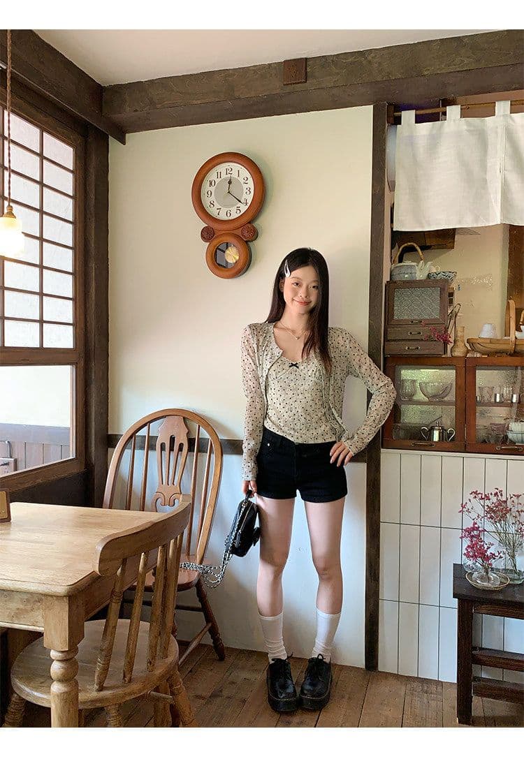 원본 원단 하트 도트 무늬 긴팔 순수한 욕망 홀치기 염색 프린트 식물 플러시 레이스 슬립 반팔 자외선 차단 오픈 가디건 상세 이미지 10