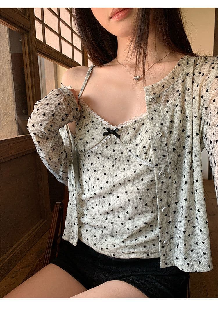 원본 원단 하트 도트 무늬 긴팔 순수한 욕망 홀치기 염색 프린트 식물 플러시 레이스 슬립 반팔 자외선 차단 오픈 가디건 상세 이미지 11