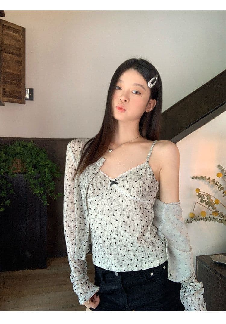 원본 원단 하트 도트 무늬 긴팔 순수한 욕망 홀치기 염색 프린트 식물 플러시 레이스 슬립 반팔 자외선 차단 오픈 가디건 상세 이미지 12