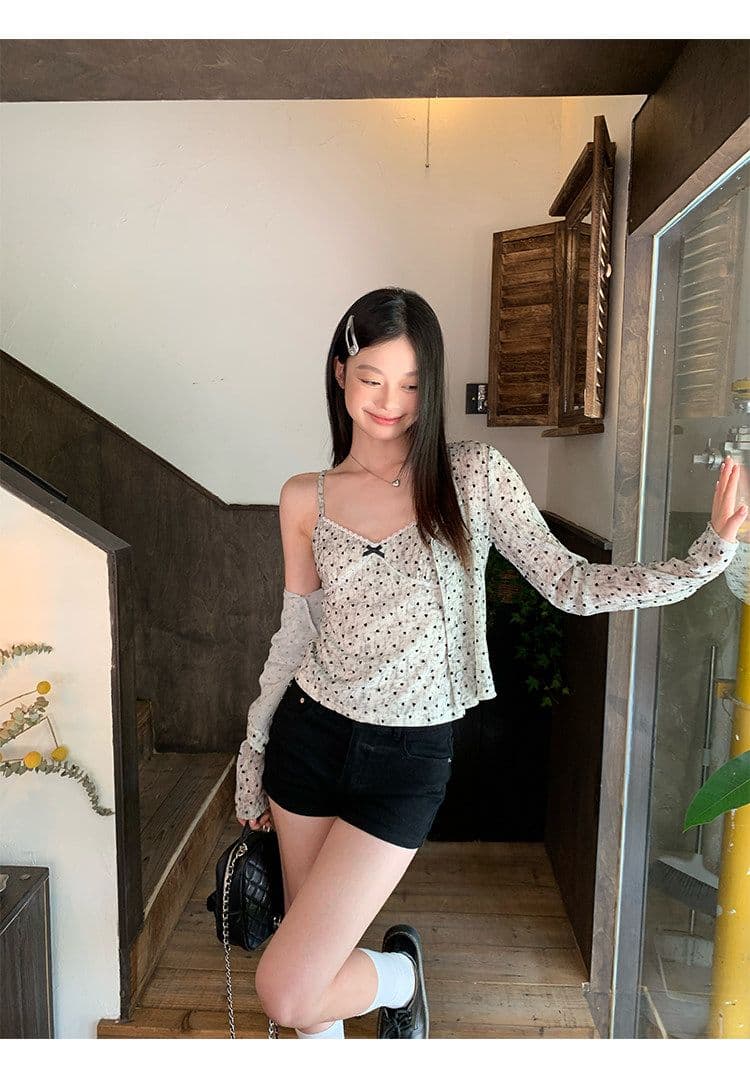 원본 원단 하트 도트 무늬 긴팔 순수한 욕망 홀치기 염색 프린트 식물 플러시 레이스 슬립 반팔 자외선 차단 오픈 가디건 상세 이미지 13