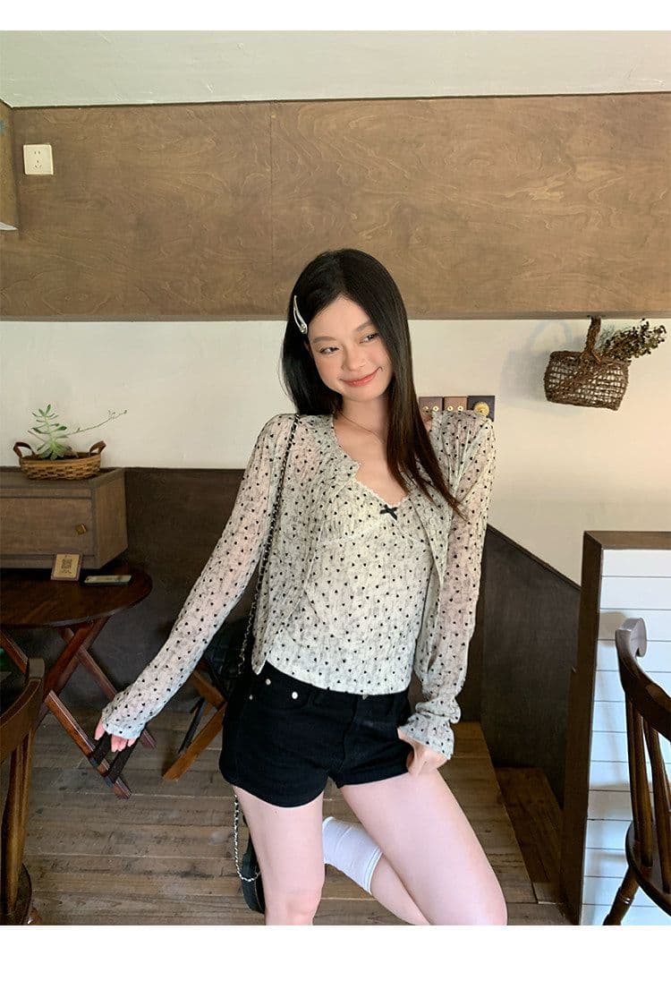원본 원단 하트 도트 무늬 긴팔 순수한 욕망 홀치기 염색 프린트 식물 플러시 레이스 슬립 반팔 자외선 차단 오픈 가디건 상세 이미지 14