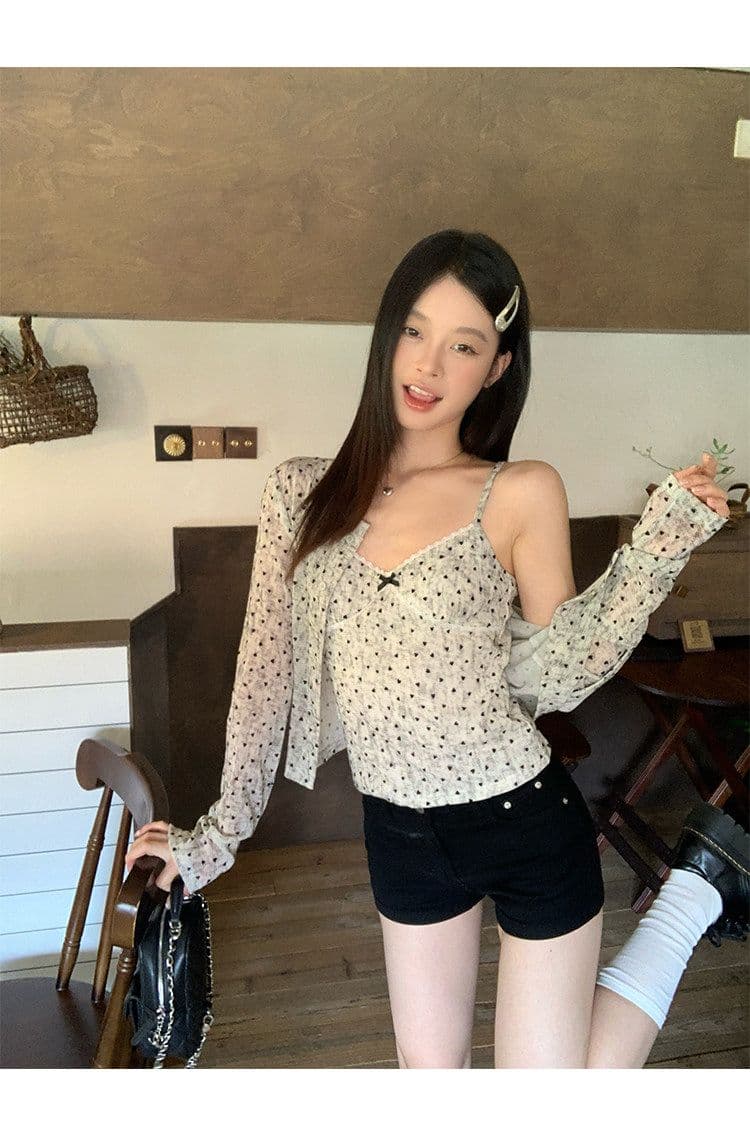 원본 원단 하트 도트 무늬 긴팔 순수한 욕망 홀치기 염색 프린트 식물 플러시 레이스 슬립 반팔 자외선 차단 오픈 가디건 상세 이미지 16