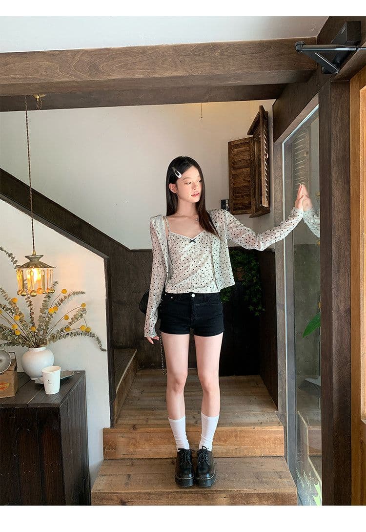 원본 원단 하트 도트 무늬 긴팔 순수한 욕망 홀치기 염색 프린트 식물 플러시 레이스 슬립 반팔 자외선 차단 오픈 가디건 상세 이미지 18