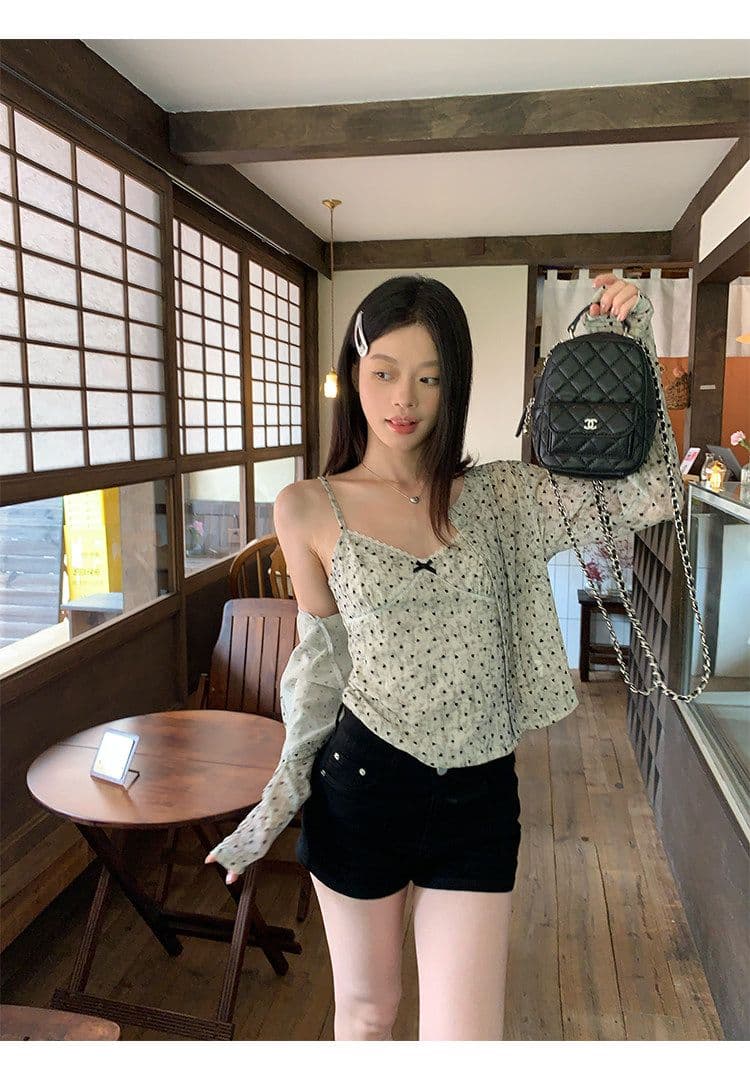 원본 원단 하트 도트 무늬 긴팔 순수한 욕망 홀치기 염색 프린트 식물 플러시 레이스 슬립 반팔 자외선 차단 오픈 가디건 상세 이미지 21