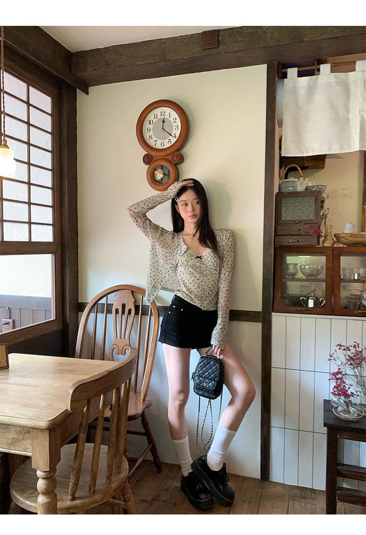 원본 원단 하트 도트 무늬 긴팔 순수한 욕망 홀치기 염색 프린트 식물 플러시 레이스 슬립 반팔 자외선 차단 오픈 가디건 상세 이미지 22