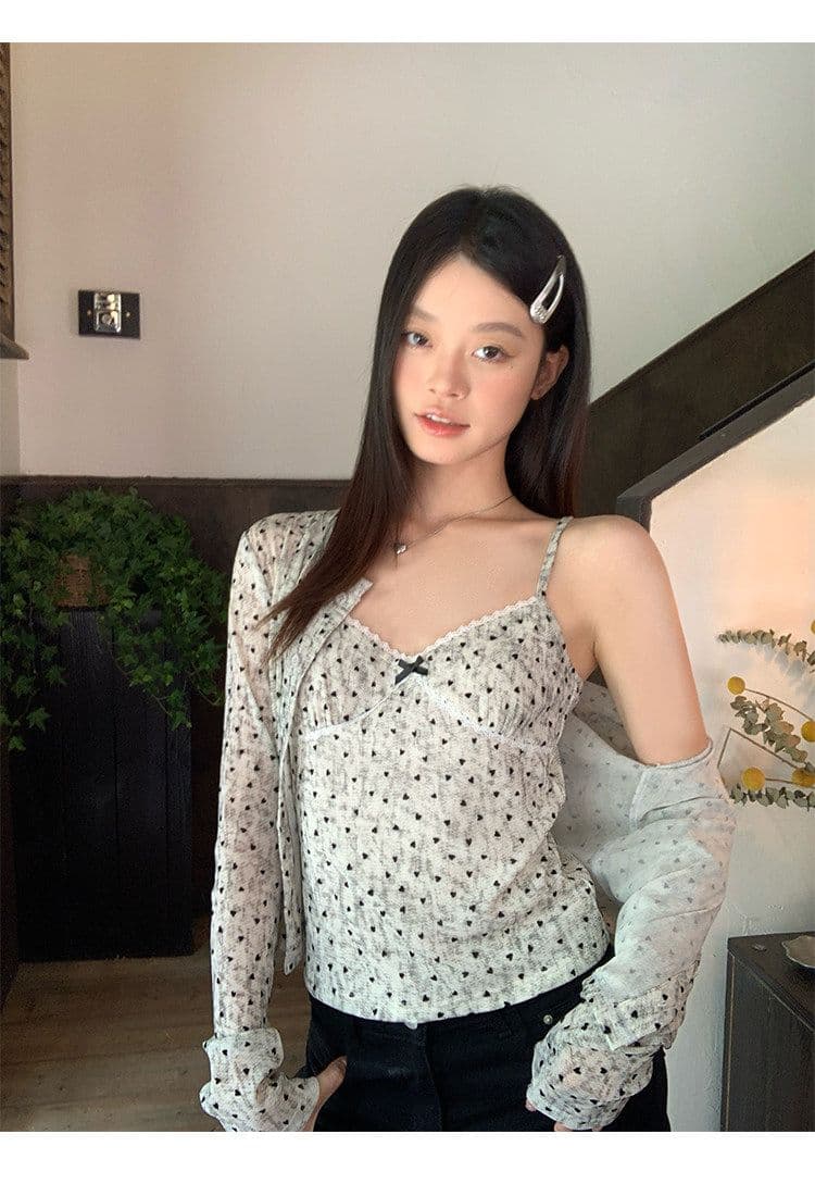 원본 원단 하트 도트 무늬 긴팔 순수한 욕망 홀치기 염색 프린트 식물 플러시 레이스 슬립 반팔 자외선 차단 오픈 가디건 상세 이미지 23