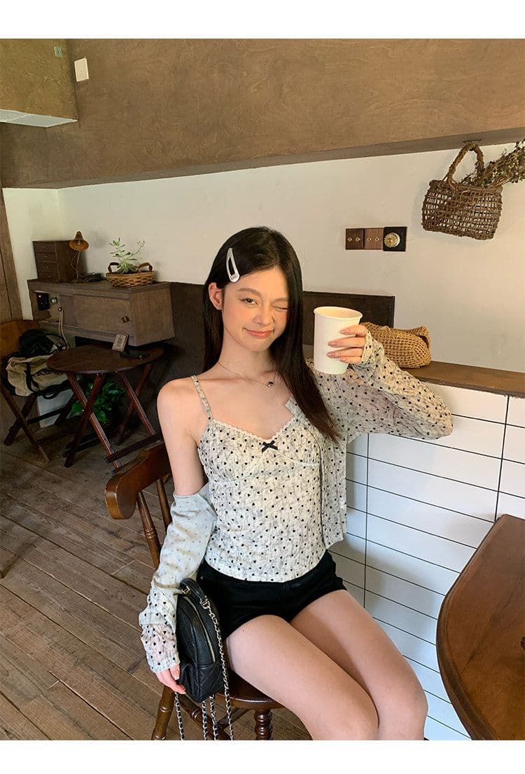 원본 원단 하트 도트 무늬 긴팔 순수한 욕망 홀치기 염색 프린트 식물 플러시 레이스 슬립 반팔 자외선 차단 오픈 가디건 상세 이미지 25
