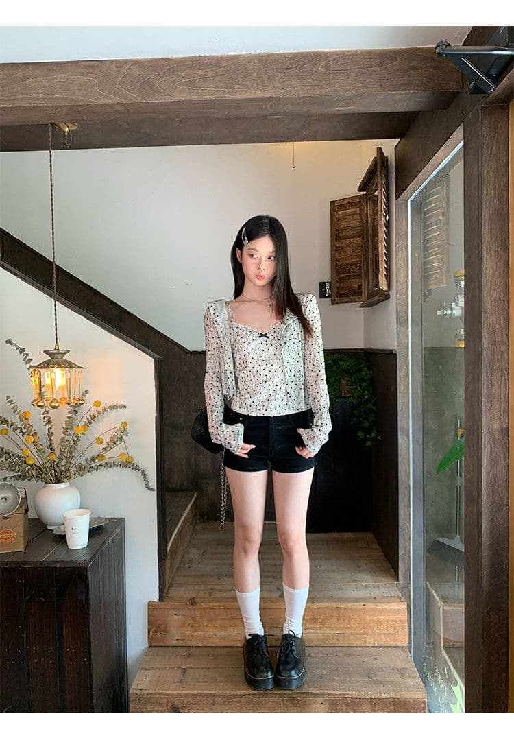 원본 원단 하트 도트 무늬 긴팔 순수한 욕망 홀치기 염색 프린트 식물 플러시 레이스 슬립 반팔 자외선 차단 오픈 가디건 상세 이미지 27