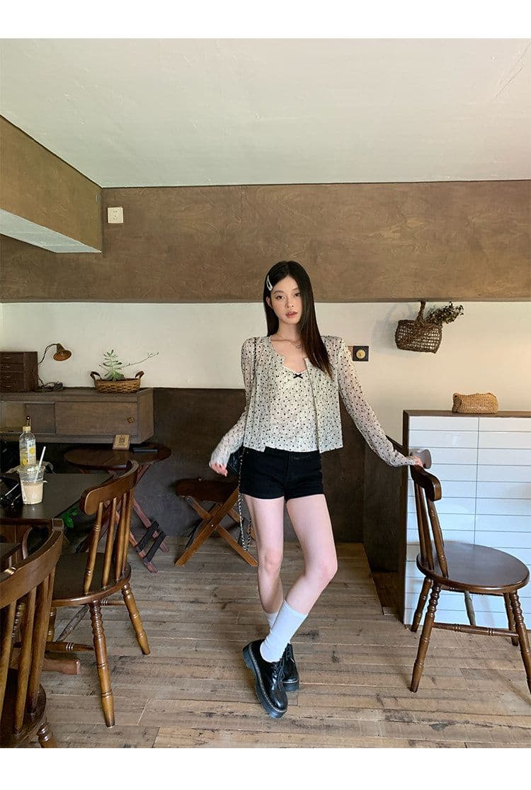 원본 원단 하트 도트 무늬 긴팔 순수한 욕망 홀치기 염색 프린트 식물 플러시 레이스 슬립 반팔 자외선 차단 오픈 가디건 상세 이미지 30