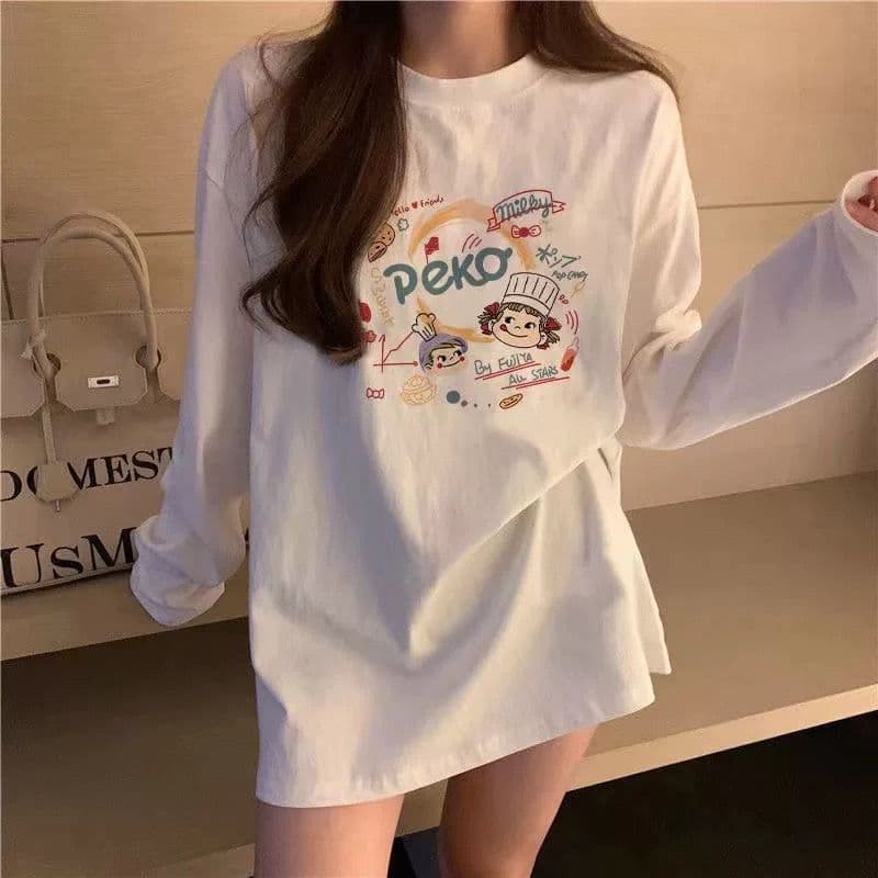 21 순면 210 그램 면 2026 한국 스타일 가을 새로운 긴팔 티셔츠 여성 루즈핏 맨위 프린트 이미지 4