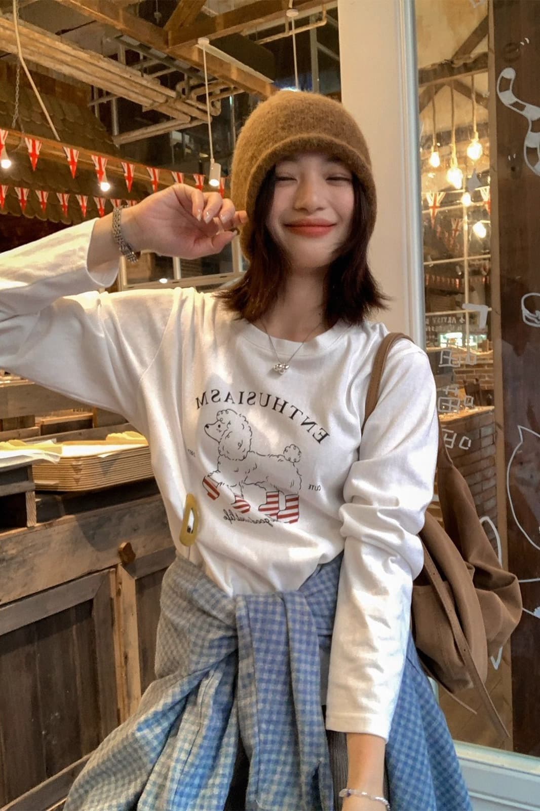 21 순면 210 그램 면 2026 한국 스타일 가을 새로운 긴팔 티셔츠 여성 루즈핏 맨위 프린트 이미지 5
