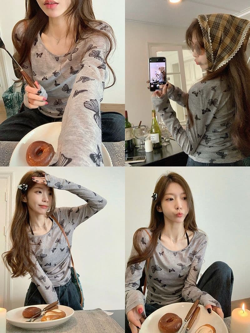 주간 실크 양모 한국 스타일 핫걸 회색 나비 프린트 티셔츠 여성 봄 가을 얇은 스타일 몸매 가꾸기 기본 셔츠 쇼트 스타일 맨위 상세 이미지 2