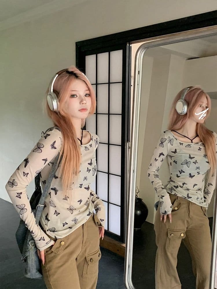 주간 실크 양모 한국 스타일 핫걸 회색 나비 프린트 티셔츠 여성 봄 가을 얇은 스타일 몸매 가꾸기 기본 셔츠 쇼트 스타일 맨위 상세 이미지 23