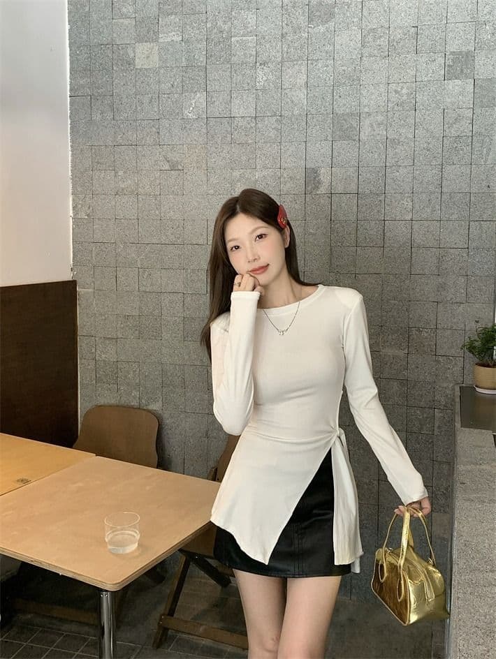 사람들 면 한국 스타일 불규칙 스트랩 허리 수축 트임 회색 긴팔 티셔츠 여성 이른 가을 중간 길이 기본 셔츠 맨위 상세 이미지 2