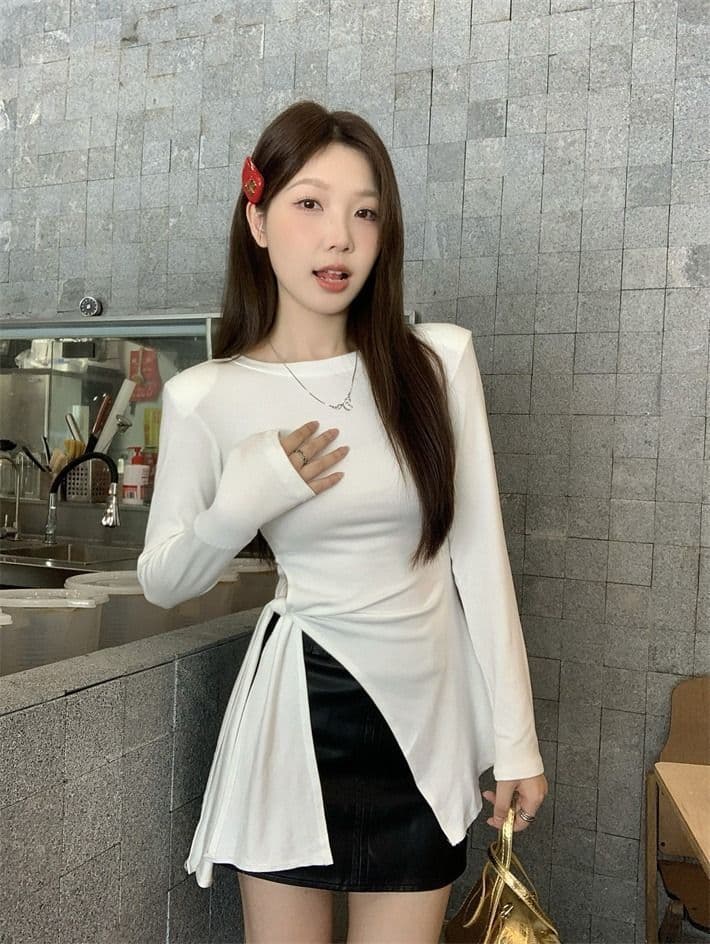 사람들 면 한국 스타일 불규칙 스트랩 허리 수축 트임 회색 긴팔 티셔츠 여성 이른 가을 중간 길이 기본 셔츠 맨위 상세 이미지 5