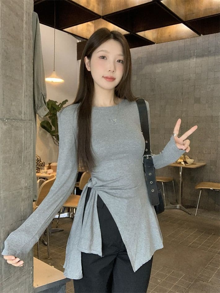 사람들 면 한국 스타일 불규칙 스트랩 허리 수축 트임 회색 긴팔 티셔츠 여성 이른 가을 중간 길이 기본 셔츠 맨위 상세 이미지 29