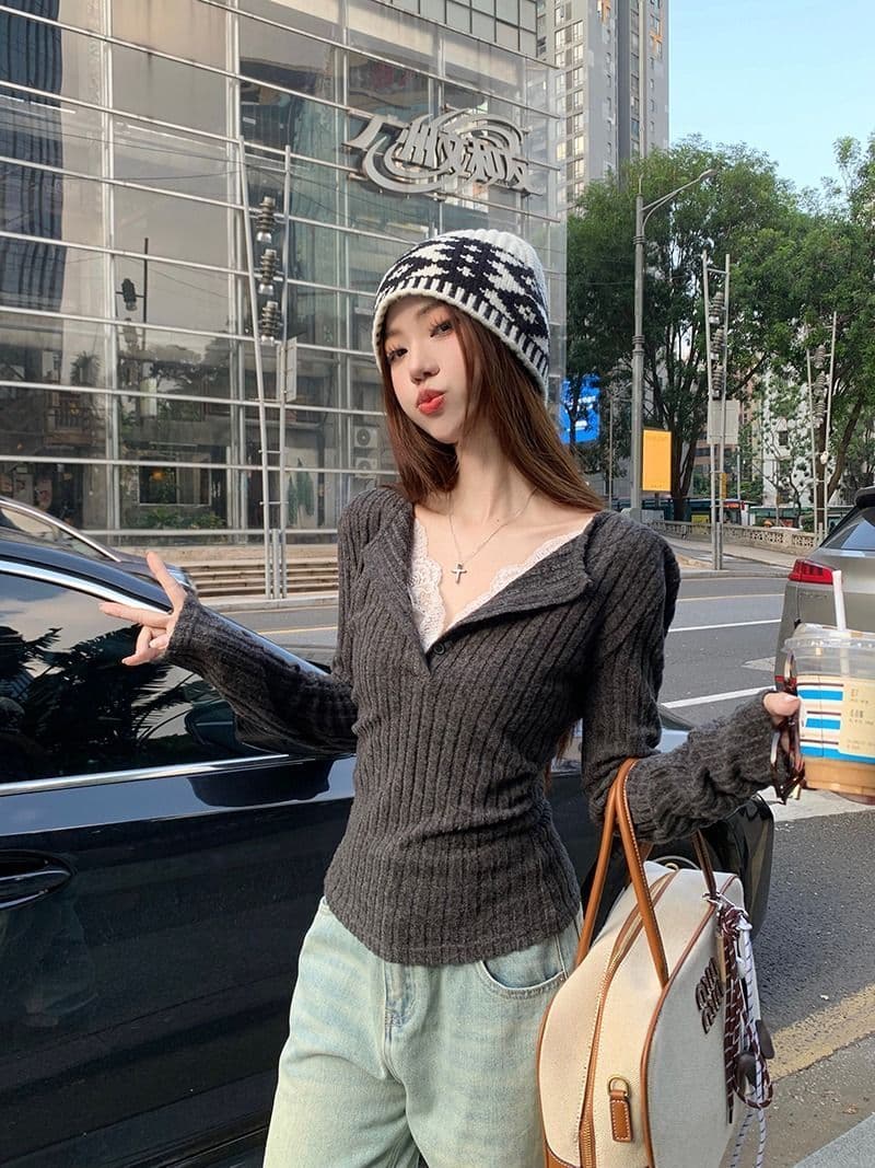사람들 면 구덩이 기사 연삭 털 한국 스타일 레이스 조각 페이크 레이어드 여성 가을 새로운 몸매 가꾸기 V넥 출퇴근 긴팔 맨위 상세 이미지 10