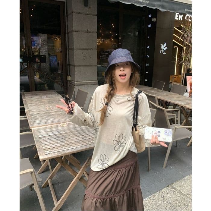 눈꽃 면 한국 스타일 디자인 센스 달콤함 프린트 긴팔 티셔츠 여성 가을 캐주얼 루즈핏 작은 대중 슬림해 보이는 맨위 이미지 3