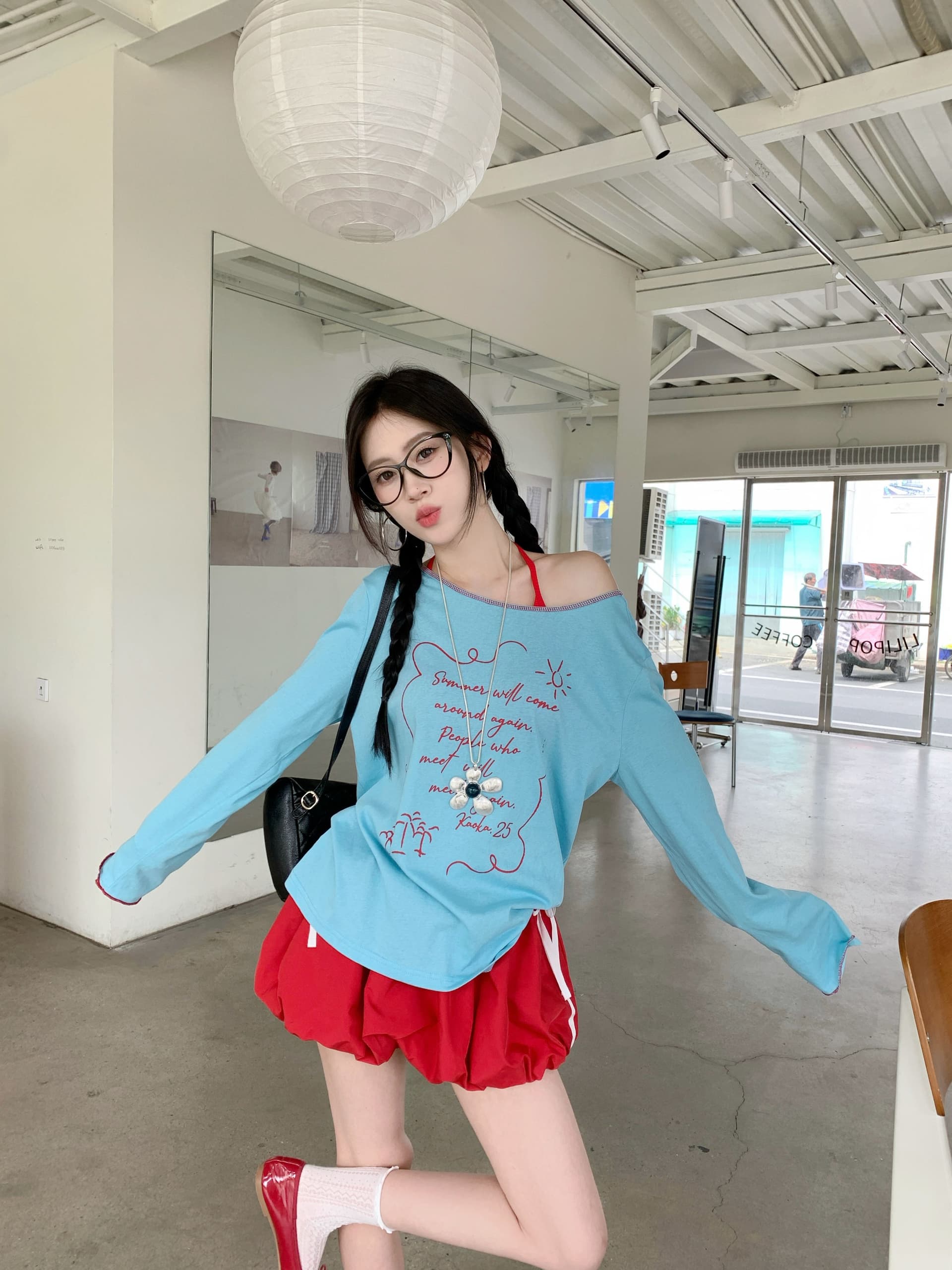 리넨 면화 한국 스타일 새로운 벨트 가슴 패드 휴가 바람 세트 비스듬한 어깨 긴팔 티셔츠 인사이드 가져 가라. 행침 목 캐미솔 상세 이미지 9