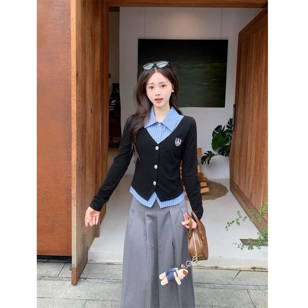 원본 것 한국 스타일 조기 가을 학원 스타일 세트 여성 페이크 레이어드 가을 검정색 긴팔 맨위 이미지 4