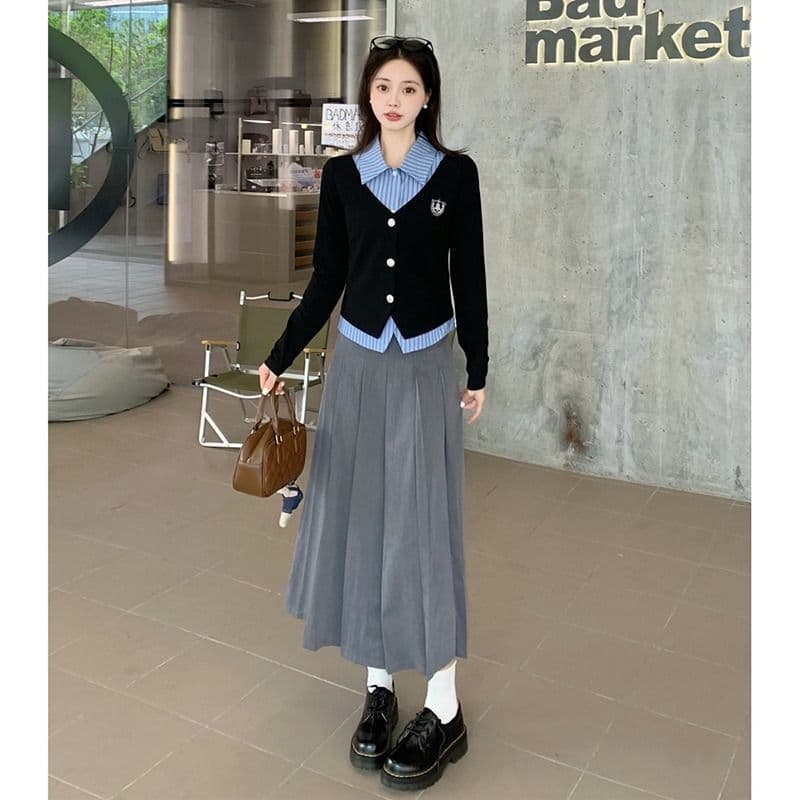 원본 것 한국 스타일 조기 가을 학원 스타일 세트 여성 페이크 레이어드 가을 검정색 긴팔 맨위 이미지 2