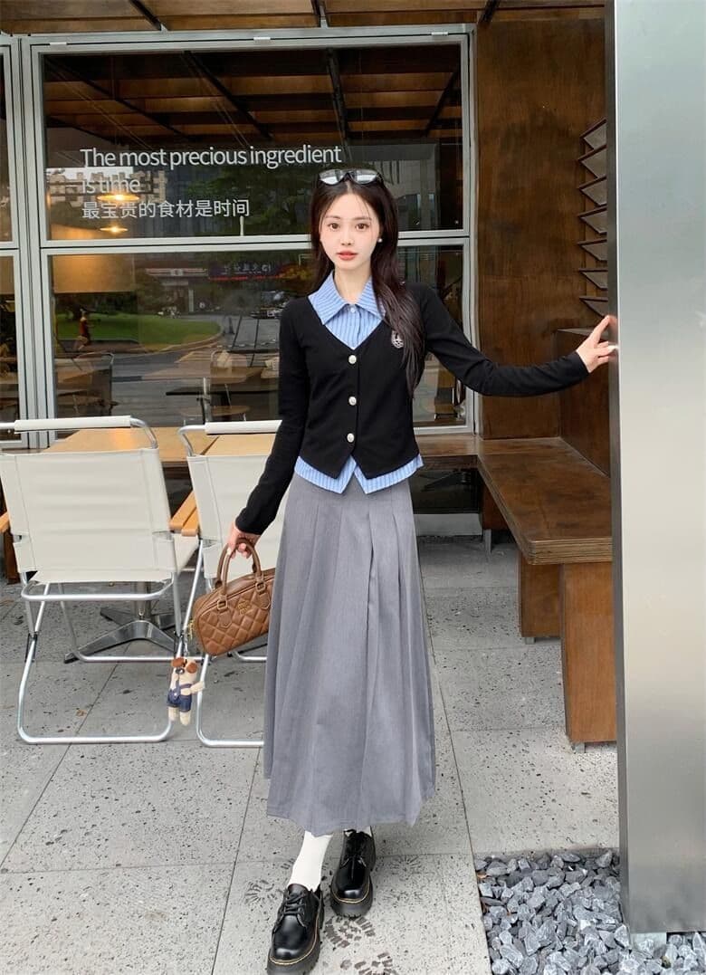 원본 것 한국 스타일 조기 가을 학원 스타일 세트 여성 페이크 레이어드 가을 검정색 긴팔 맨위 상세 이미지 2