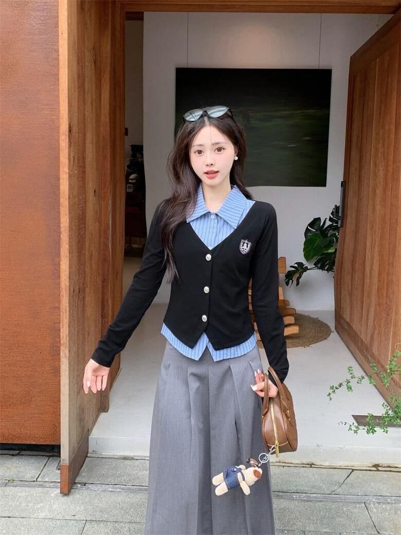 원본 것 한국 스타일 조기 가을 학원 스타일 세트 여성 페이크 레이어드 가을 검정색 긴팔 맨위 상세 이미지 3