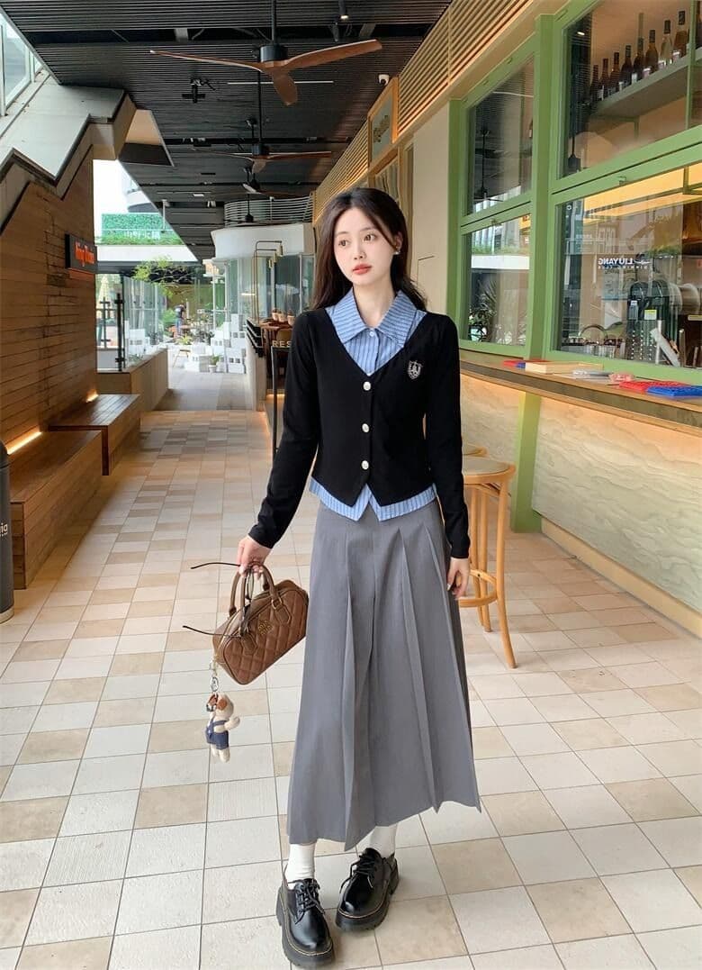 원본 것 한국 스타일 조기 가을 학원 스타일 세트 여성 페이크 레이어드 가을 검정색 긴팔 맨위 상세 이미지 5