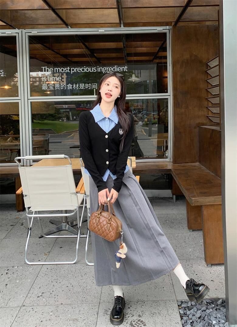 원본 것 한국 스타일 조기 가을 학원 스타일 세트 여성 페이크 레이어드 가을 검정색 긴팔 맨위 상세 이미지 6