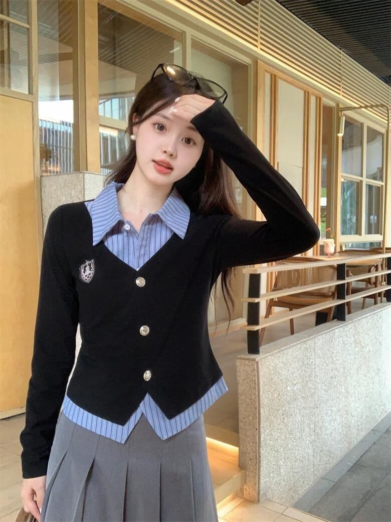 원본 것 한국 스타일 조기 가을 학원 스타일 세트 여성 페이크 레이어드 가을 검정색 긴팔 맨위 상세 이미지 7