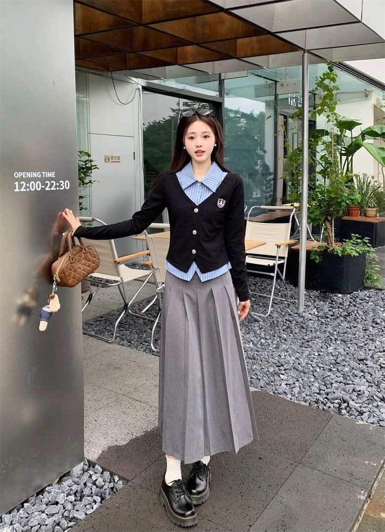 원본 것 한국 스타일 조기 가을 학원 스타일 세트 여성 페이크 레이어드 가을 검정색 긴팔 맨위 상세 이미지 11