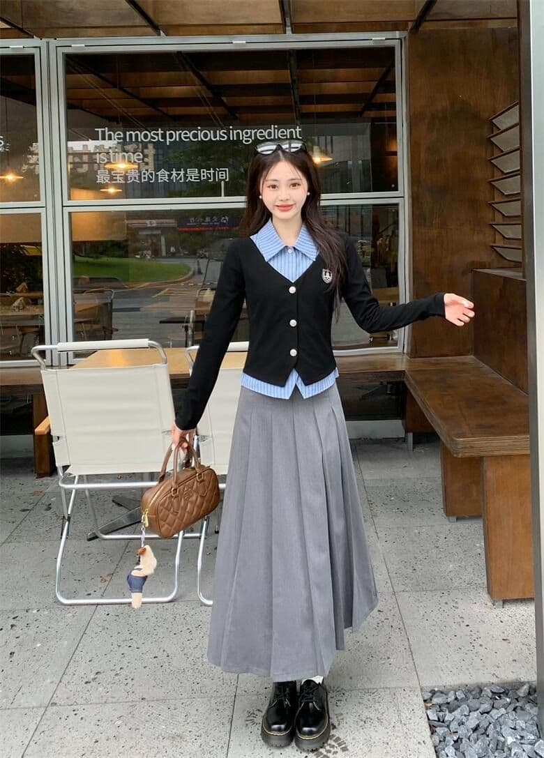 원본 것 한국 스타일 조기 가을 학원 스타일 세트 여성 페이크 레이어드 가을 검정색 긴팔 맨위 상세 이미지 12