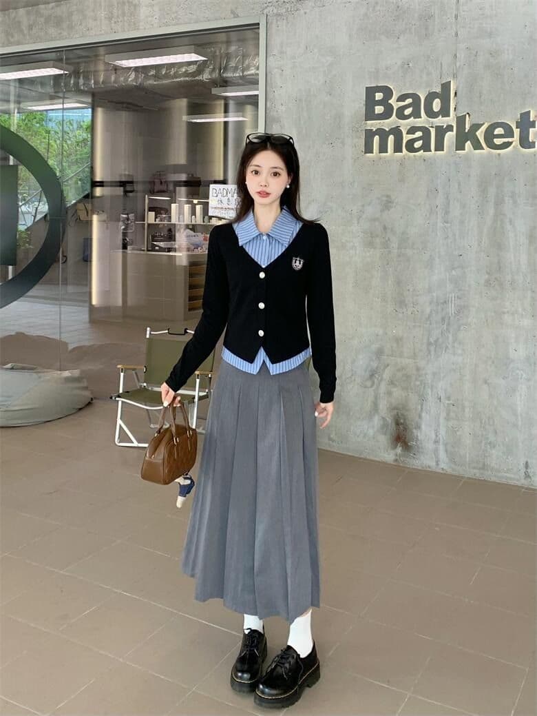 원본 것 한국 스타일 조기 가을 학원 스타일 세트 여성 페이크 레이어드 가을 검정색 긴팔 맨위 상세 이미지 14